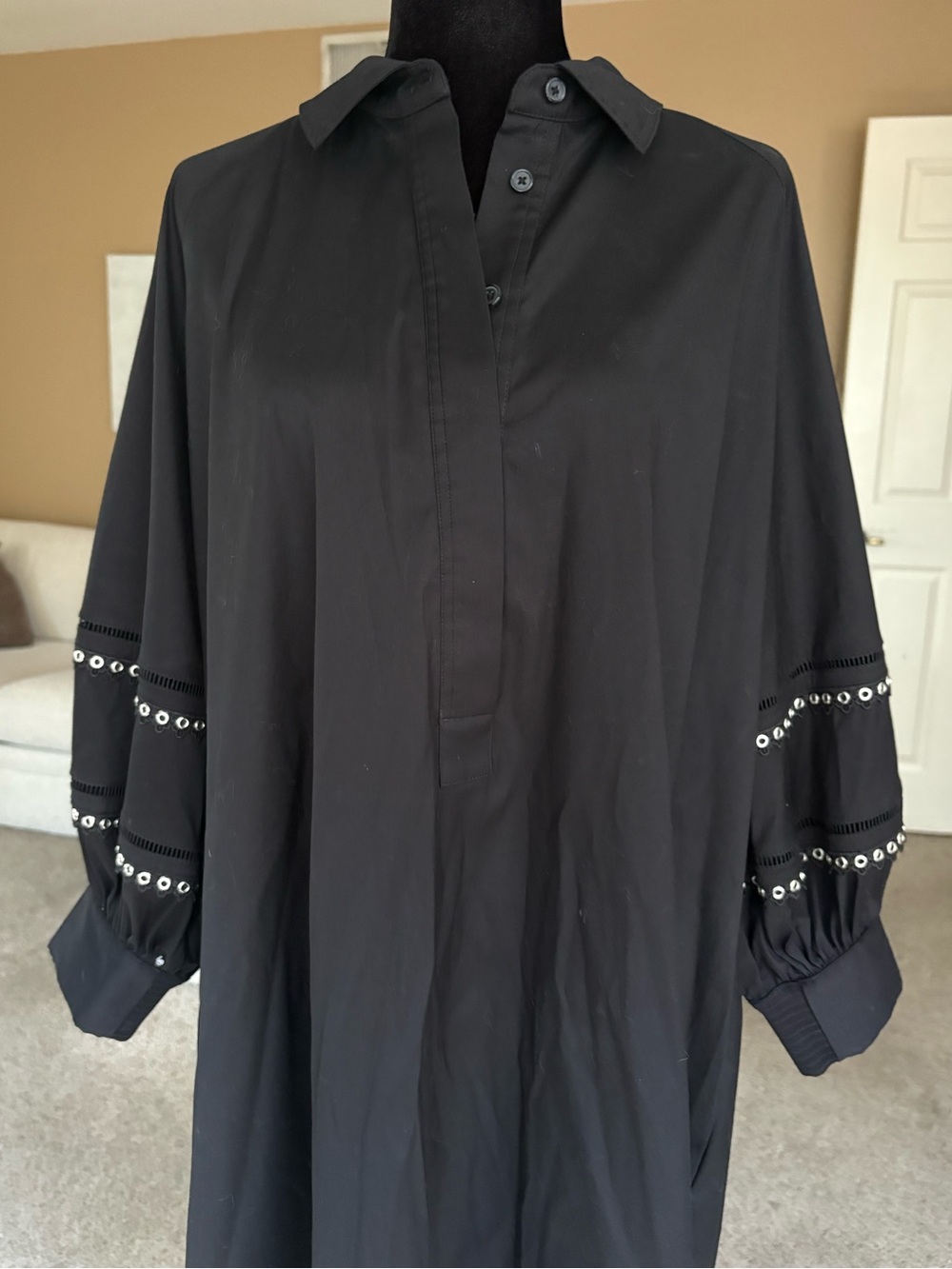 Chico’s Black Long-Sleeve Shirt Dress with Eyelet Detail